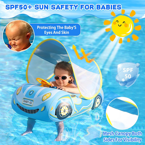 Babysimring med solskydd, babysimring med babysäte för 1-åringar, babysimring med babysäte för 6-månaders bebisar, lämplig för 1-4 år gamla bebisar, blå
