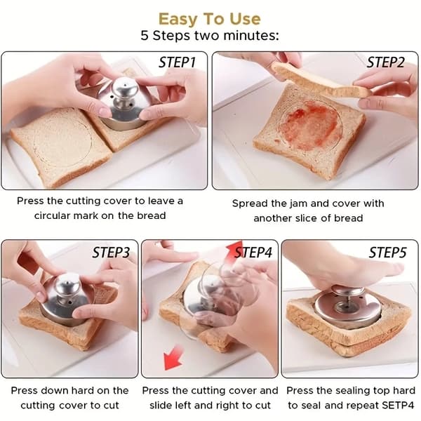 Sandwichkutter og -forsegler i rustfritt stål, rund lommesandwichmaker for barnelunsj og DIY