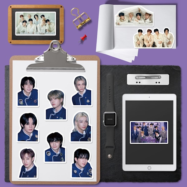 94 StrayKids uutta sarjakuva-aiheista tarraa, Lee Yong-bok ja Hwang Hyun-chen tarroja muistikirjoihin, matkatavaratarroja
