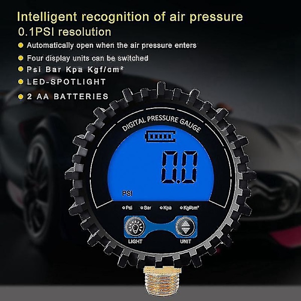 Digital Dæktryk Måler Dæktester Display Lufttryk Manometer Hurtigkobling Kobling Tråd 1/4