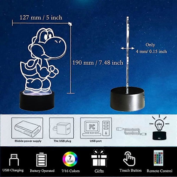 Yoshi 3D Natlampe, 16 Farve RGB Touch Fjernbetjening Yoshi Lampe Børneværelse Dekoration Bordlampe til Julebelysning Gave