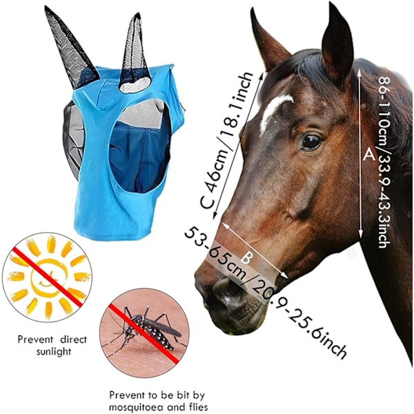Anti UV Flugmask för Häst, Flugmask, Superpassande Flugmask, Flugmask, Andningsbart Nät, Anti UV, Anti Mygga, Elastisk Bromsmask (Blå)