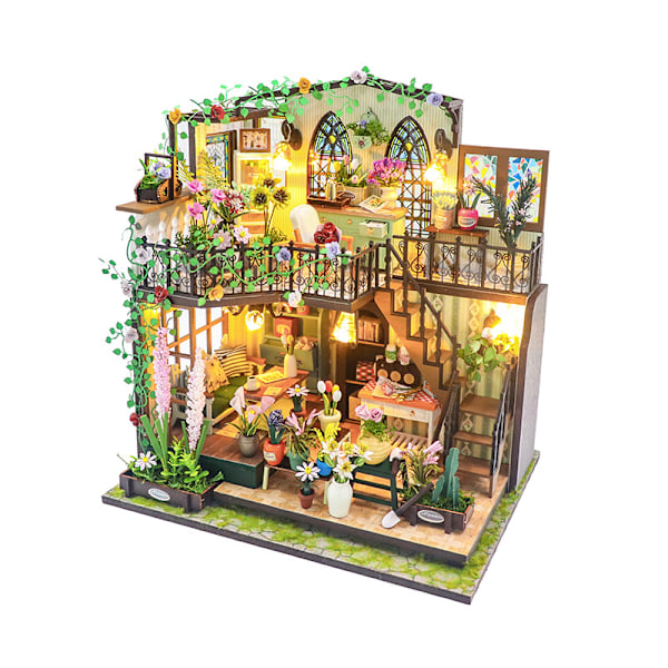 1-Pack Double-Decker Villa Garden House Mini 3D Building DIY Handmade Wooden Dollhouse Assembled Flower House