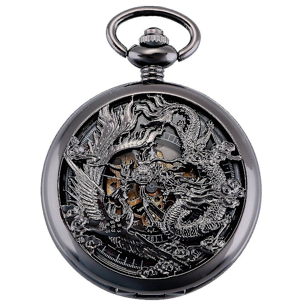 Retro Men's Pocket Watch With Chain Analogue Manual Winding Dragon Phoenix Skeleton Roman-YuJia