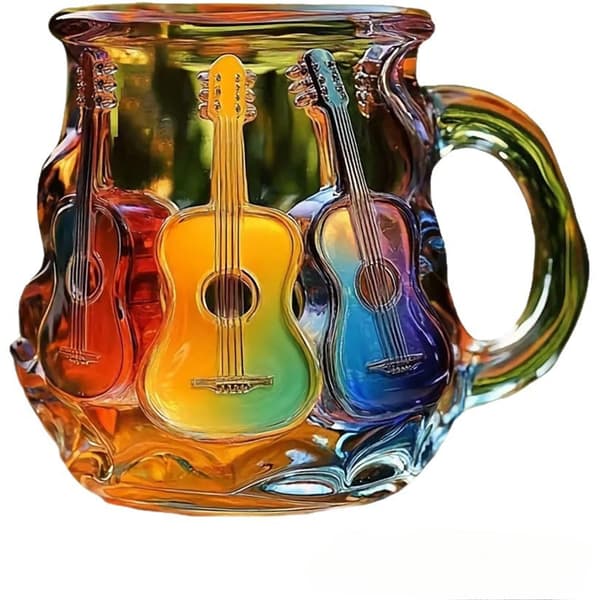 3D Gitarr Kaffemugg, Färgglad Musikalisk Design Glasmugg, Musikälskare Samlarobjekt Gåva 3D Gitarr Kaffemugg