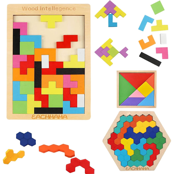 EACHHAHA 3 i 1 Träpussel Set, Tangram-pussel, Ljusa färger, Förbättra färgenkänningen och l