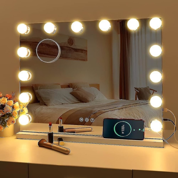 Led spejl usb makeup med lys tændt 10 pærer 3 lystilstande Bordplade vægmonteret kosmetisk spejl (kun lys)