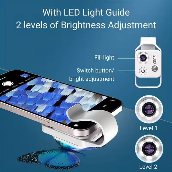 200X Clip-On Telefonmikroskop Bærbart Minimagnifier Med CPL-linse LED-lys Til iPhone Android-telefoner
