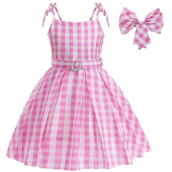 Barbie Cosplay Kjole Kostume Børn Margot Robbie Film Outfit Piger Pink White Gingham Dress Halloween Fødselsdag