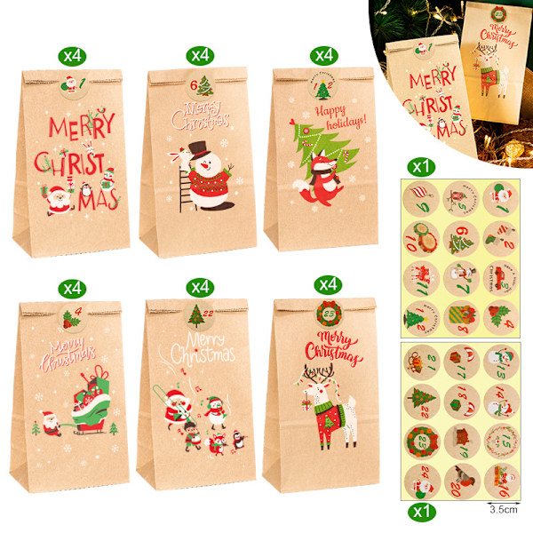 Julklappsinpackningspapperpåse Målad Jultomte Godispåse Adventskalender Kraftpapper Förpackningsväska 48 Set