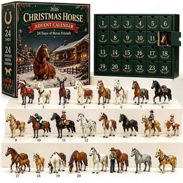 Heste-adventskalender 2026, 24 stk. 3D-hestepynt, julegave til hesteelskere