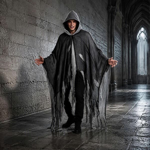 Gothic-velhoviitta hupulla ja mustalla verkolla Halloween-juhla-asuun