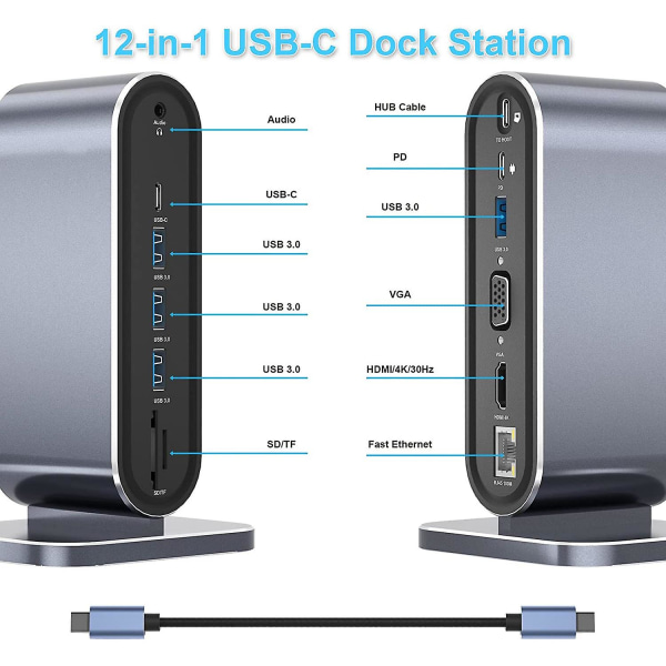 12-i-1 USB C Dockningsstation USB C Hub Dock Laptop Display Dockningsstation USB 3.0 Adapter för Win