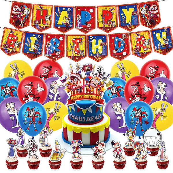 The Amazing Digital Circus Theme Kids Grattis på födelsedagen Party Supplies Banner Flagga Ballonger Kit Cake Cupcake Topp