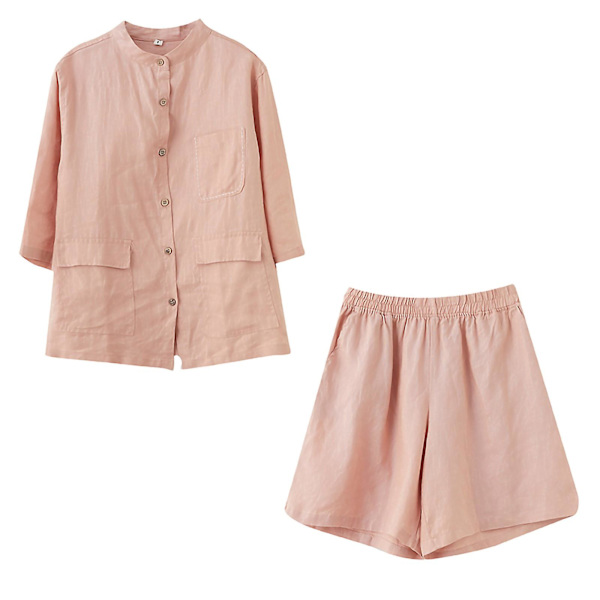 Dam Casual Solid Color Bomull Linne Bredben Byxor Två Delar