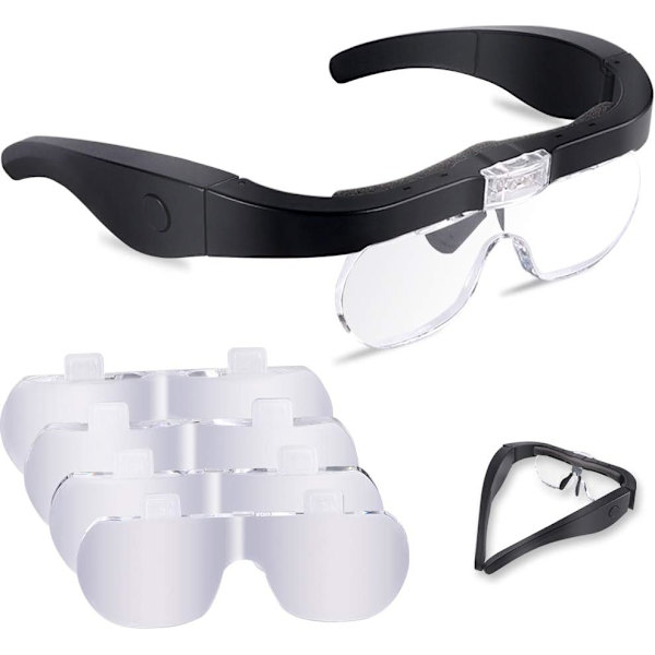 2 LED, otsan suurennuslasit, handsfree, 4 vaihdettavaa linssiä