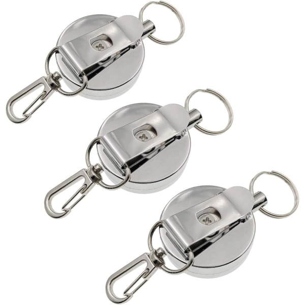 3 x Retractable nøgleringe med bælteklips og stålspolekæde, R
