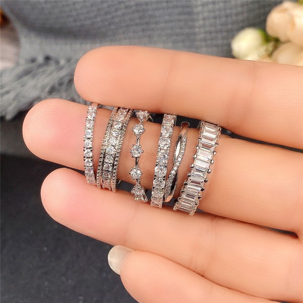 Fashion 6 Styles 925 Silver Filled Women Ring Cubic Zircon Party Jewelry set of 6pcs-Storlek 7