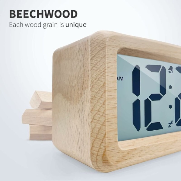 Trädigital väckarklocka, aboveClock LED väckarklocka icke-tickande digital klocka med datum, temperaturvisning, snooze-funktion, batteridriven digital klocka, 3 AAA-batterier krävs