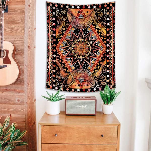 Orange Sun and Moon Tapestry Väggbonad, Indie Hippie Mandala C