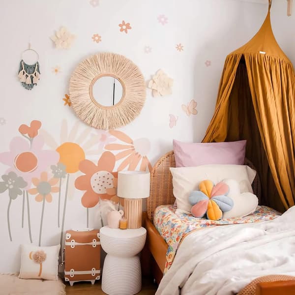 Färgglada blommor väggdekal retro boho blommor väggdekaler väggdekor för vardagsrum sovrum hemmakontor