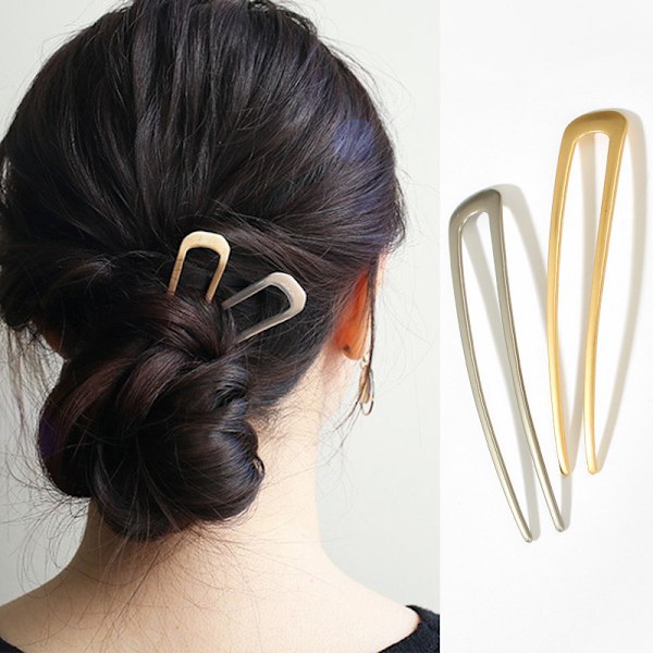 Metal U-Shaped Hair Pin Single Hair Stick Fork Sticks French Hairpin Hair Bun Pins 2 Pins for Hair Accessories (Gold, Silver)