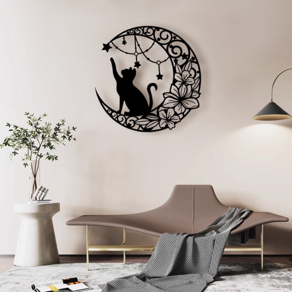 Månen och katten metallväggkonst, svart vägghängande dekor siluett