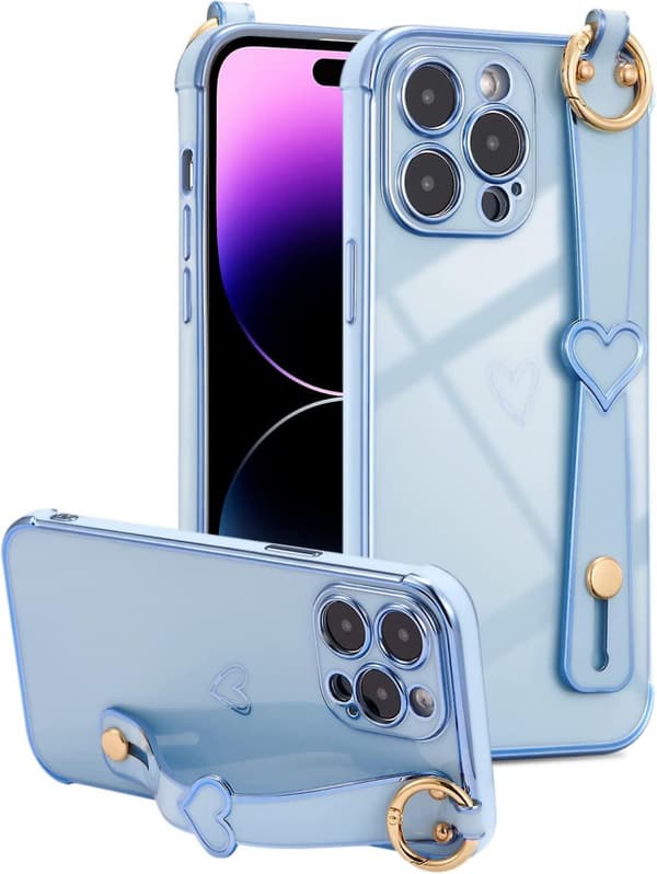 Designet for iPhone 14 Pro Max 6,7 tommers deksel med håndleddsrem, plating kant L