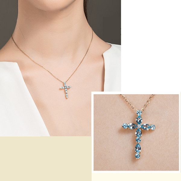 Halsband med ädelstenskors - skapat safir religiöst hänge smycken