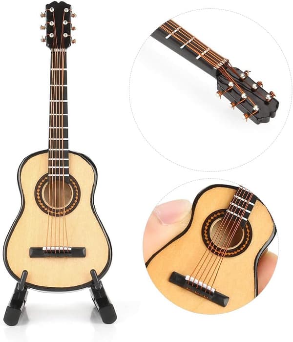 10CM Miniatyrgitarr, Trä Mini Gitarr Skrivbordsdisplay Mini Musikaliska Prydnader Hantverk Heminredning med Stativ och Låda