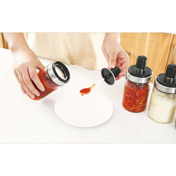Köks Gourmet Glasburk med skedar, kryddburk set Condiment Cruet Flaska, kökstillbehör, fin design för kök (kryddburk set om 3)