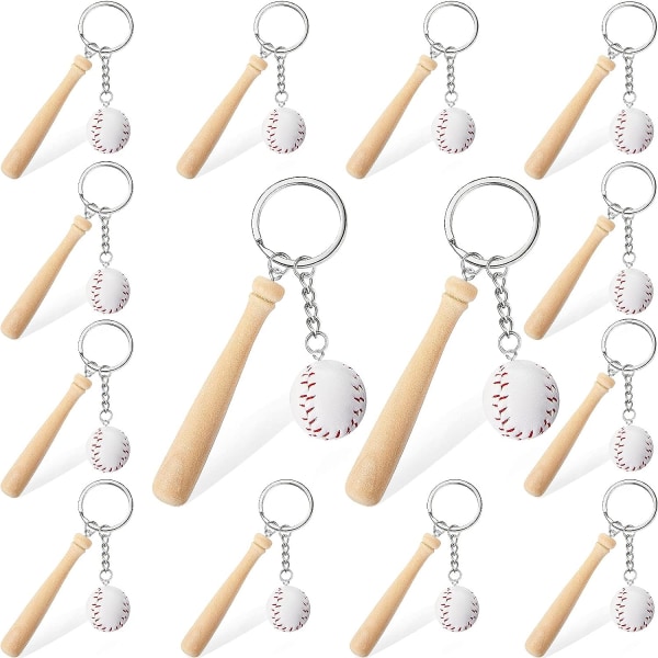 16 Pieces Mini Baseball Keychain with Wooden Bat for Sports Theme