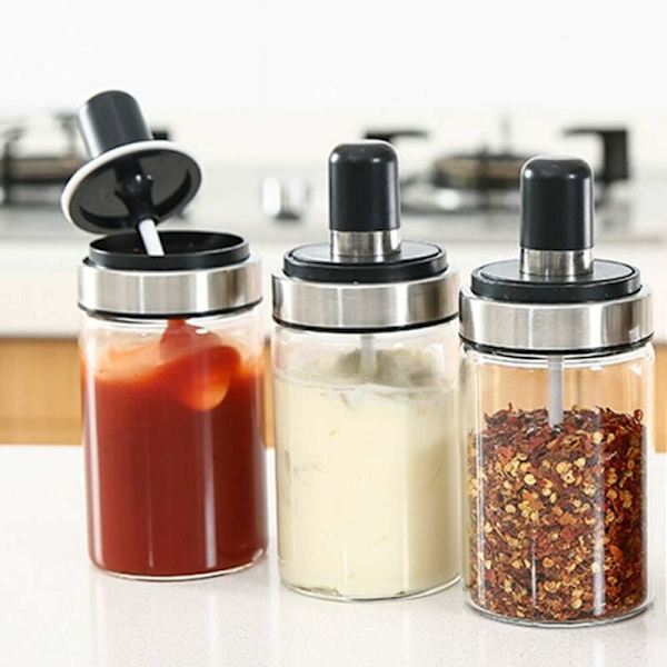 Köks Gourmet Glasburk med skedar, kryddburk set Condiment Cruet Flaska, kökstillbehör, fin design för kök (kryddburk set om 3)