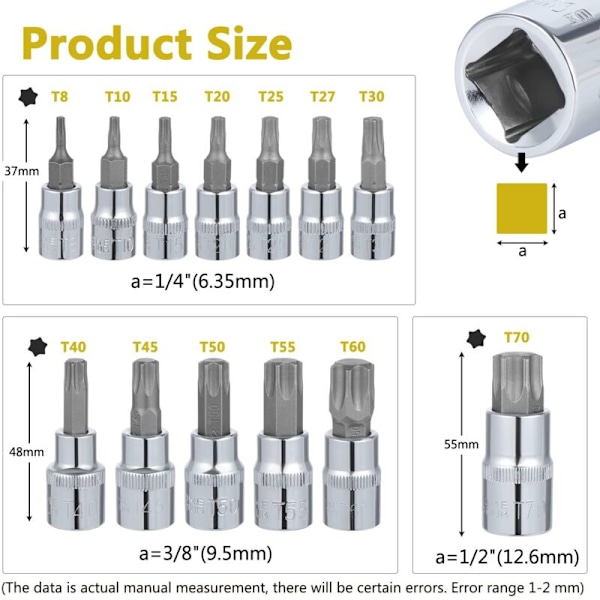 13 stk. Torx topnøglesæt, T8 - T70 topnøglesæt, hun-Torx toppe, Torx bit topnøglesæt, krom vanadium stål 1/4\", 3/8\" og 1/2\" drev