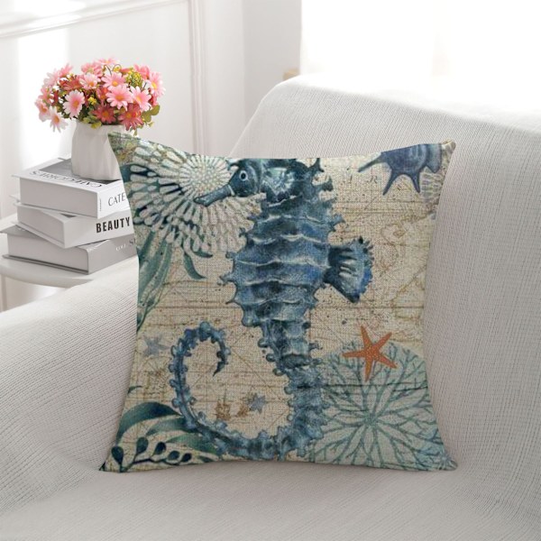 Set med 4 kuddfodral med sjödjursmönster 45x45cm linnedekor