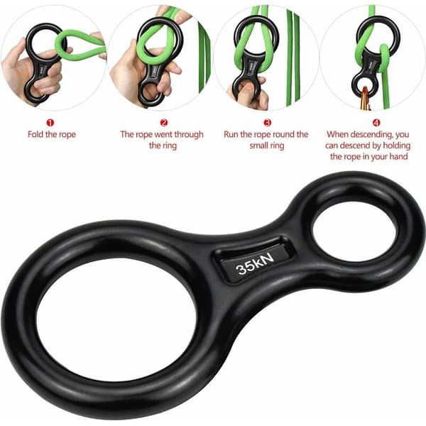 35 KN Descender, Sikkerhedsudstyr til Rappelling Klatring Nedstigning Redning Sort