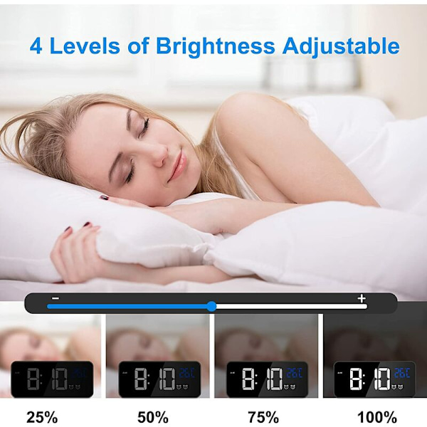 Digital väckarklocka, LED digital väckarklocka temperatur/snooze/2 larm/12/24 timmar/USB-laddningsport/16 låtar (svart)