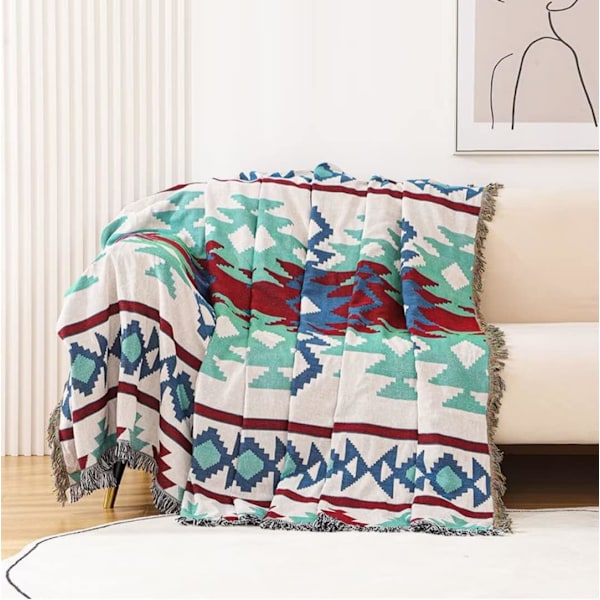 Bohemsk teppe til sofa, sydvestlig innredning vevd teppe, aztektepper med dusk (90*150cm)