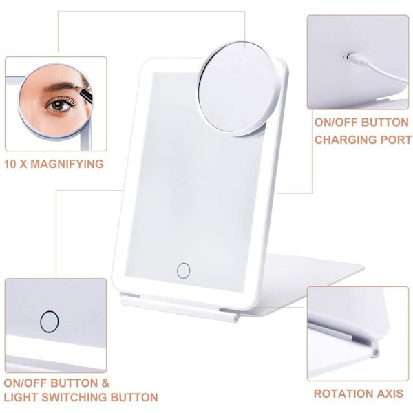 LED Foldable Reise Sminke Speil - 7x9 tommer 3 Farger Lys Mod