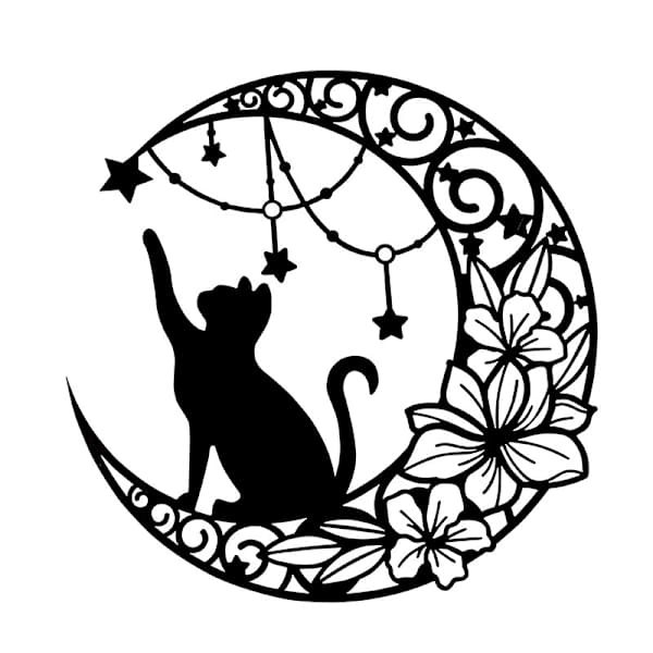 Måne och katt metallväggkonst, svart väggdekoration silhuett