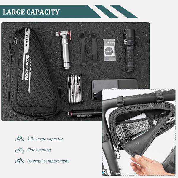 Cykelramme Taske, Reflekterende Trekant Taske Sort 1.2L