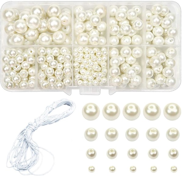 Vita pärlor glaspärlor, paket med 440 runda pärlor, för smycken Ma