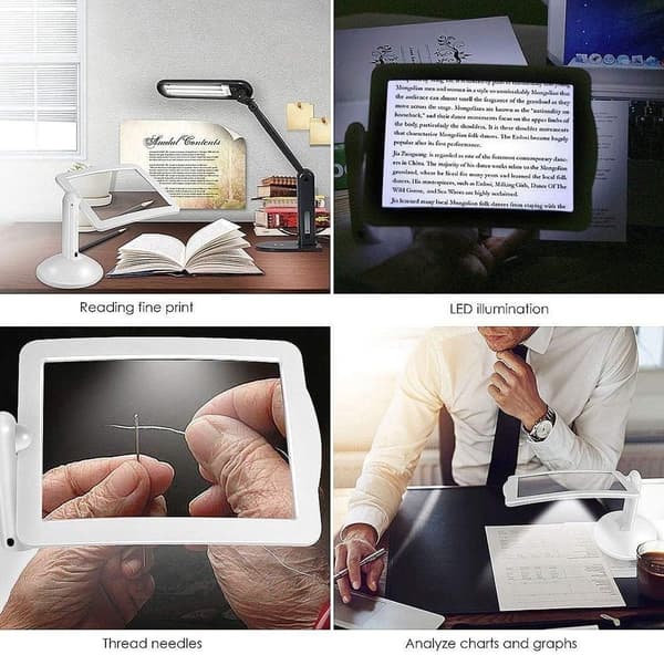 3X Rektangulär Förstoringsglas med LED-ljus, Full Page Förstoringsglas