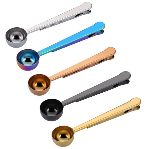 Kaffe scoop med klips, 2 i 1 rustfrit stål 1 spsk malet måleske med poseklips til kaffe te (5-pakning)