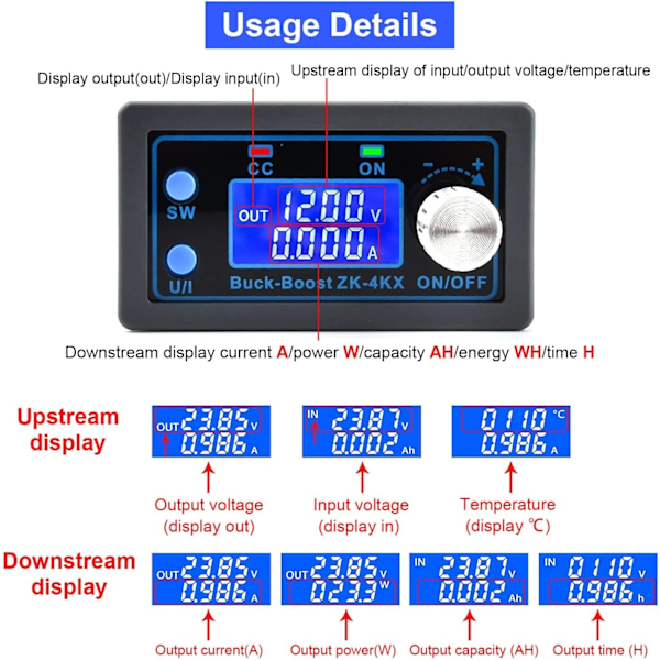 DC Buck Boost Converter Variabel Spänningsregulator CC CV Strömförsörjningsmodul 0.5-30V 4A 5V 6V 12V 24V LCD-skärm Justerbar Spänning Lab Strömförsörjning
