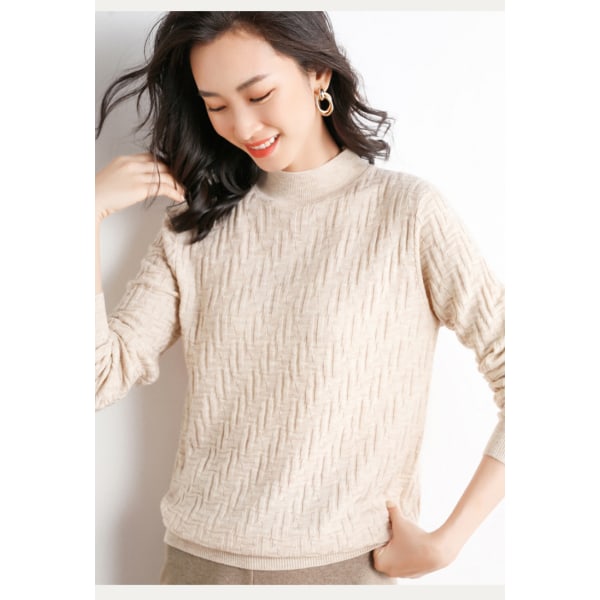 Dame Blød Modern Cable Crewneck Sweater Beige L størrelse