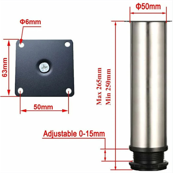 Justerbare Fødder - Højde 250mm, Tykke Møbelben, Justerbar Højde 0-15mm, Bordben, Møbelben, Børstet Rustfrit Stål - Rustfrit Stål