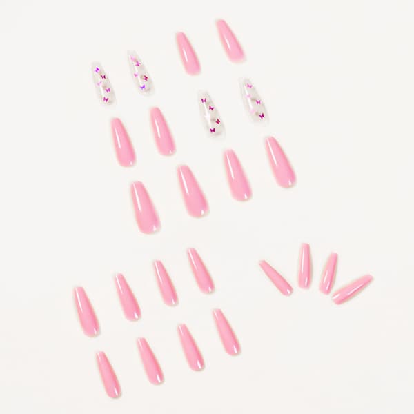 Fjäril Press on Nails Coffin Nail Tips Rosa Naglar Glansig Extra