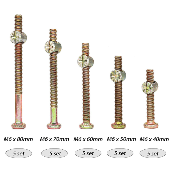 50 stk. M6 galvaniserede møbelbolte i kulstofstål med møtrikker og propper 40mm/50mm/60mm/70mm/80mm