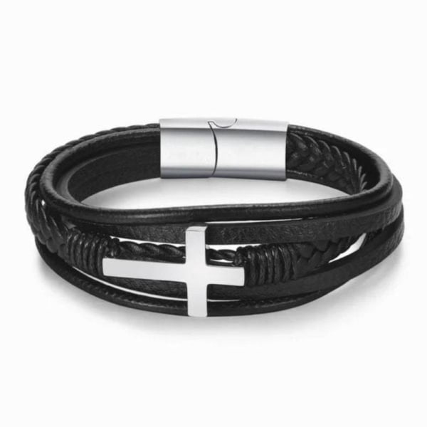 Armbånd for menn, retro titanstål korsstjerne multi wrap håndlaget skinnarmbånd med magnetisk lås